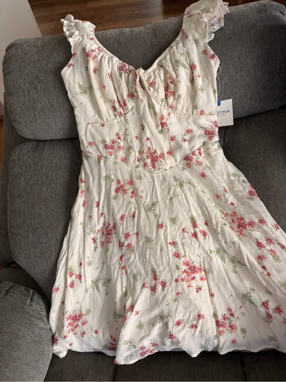 Arizona Jean Company White Mini Dress with Pink Floral & Green Leaf Print
